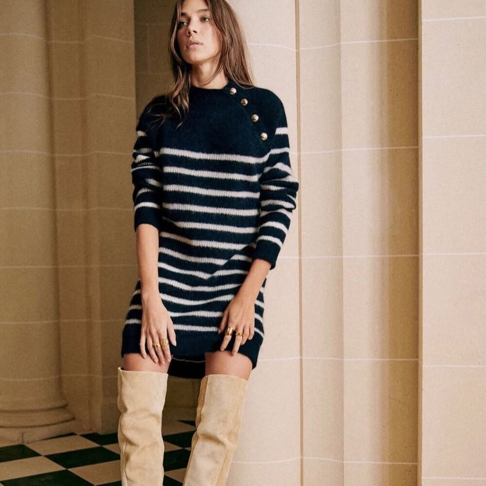 Sezane Tessa Dress Marine/ecru - Size S